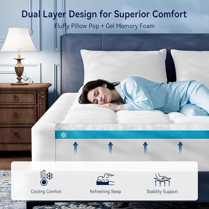ELEMUSE 3 Inch Cooling Memory Foam Mattress Topper RV King, 2 Inch Pressure-Relief Memory Foam and 1 Inch Thick Soft Viscose Made from Bamboo Pillow Top for Hot Sleepers, Removable & Washable Cover