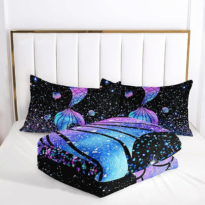 Purple Mermaid Tail Comforter Set for Girls Women, Mermaid Bedroom Decor for Girls Full Size, Kids Fish Scales Black Bedding Set with 1 Comforter and 2 Pillowcases