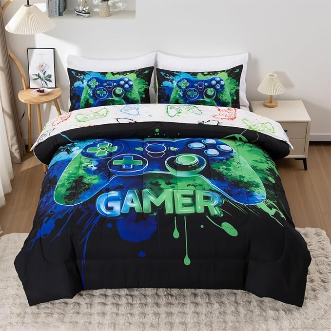 NTBED Game Console Comforter Set for Boys Girls Kids Tie Dye Gaming Lightweight Microfiber Gamer Bedding Sets (Blue Green, Twin 5Pcs)
