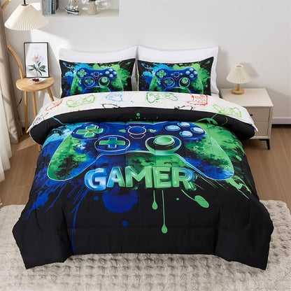 NTBED Game Console Comforter Set for Boys Girls Kids Tie Dye Gaming Lightweight Microfiber Gamer Bedding Sets (Blue Green, Twin 5Pcs)