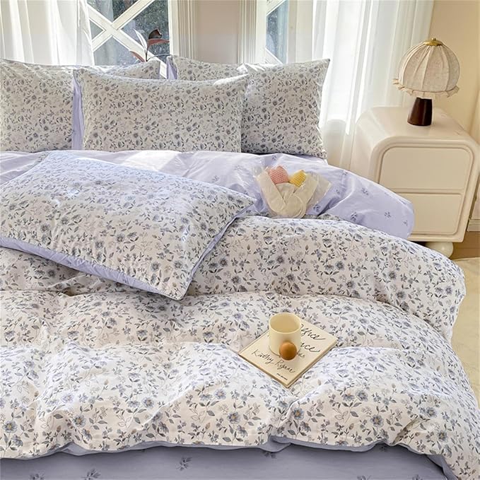 Purple Floral Duvet Cover Queen Size Botanical Aesthetic Garden Style Bedding Set with Yellow Flower 3 Pcs Kids Boys Girls Women Soft Breathable Reversible Comforter Cover