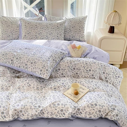 Purple Floral Duvet Cover Queen Size Botanical Aesthetic Garden Style Bedding Set with Yellow Flower 3 Pcs Kids Boys Girls Women Soft Breathable Reversible Comforter Cover