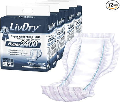 LivDry High Absorbency Pad Insert for Incontinence Briefs and Adult Diapers, Women and Men, Hyper 2400 (72 Count)