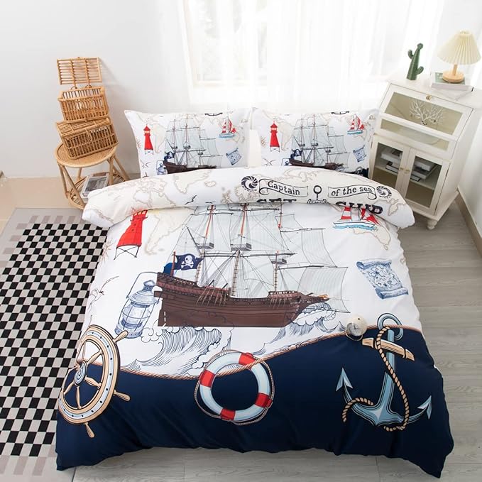 CVHOUSE Nautical Bedding Set King Size,Nautical Sailboat Bed for Boys Teens,Ocean Themed Sailing Anchor Comforter Cover Soft,Anchor Duvet Quilt King 90'x102'