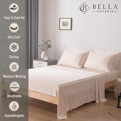 Bella Coterie 7 Piece Luxury Bamboo Viscose Split King Size Sheet Set | 2 Fitted Sheets for Adjustable Beds | 100% Organically Grown | Cooling for Hot Sleepers | 4 Pillowcases [Champagne]