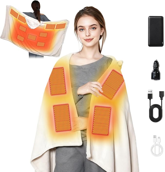Cordless Heated Blanket with Hood, USB Battery Powered Heated Wearable Blanket with 9 Heating Zones, 20000 mAh Power Bank, 3 Levels, Portable Heated Throw Blanket, Heated Shawl, Camping Blanket, Gift