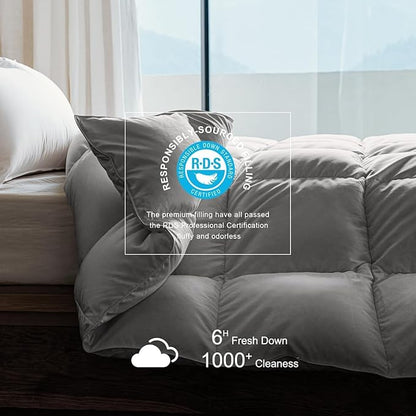 Royoliving Premium Feathers Down Comforter 100% Cotton Cover Duvet Insert with Corner Tabs (Grey, Twin All Season)