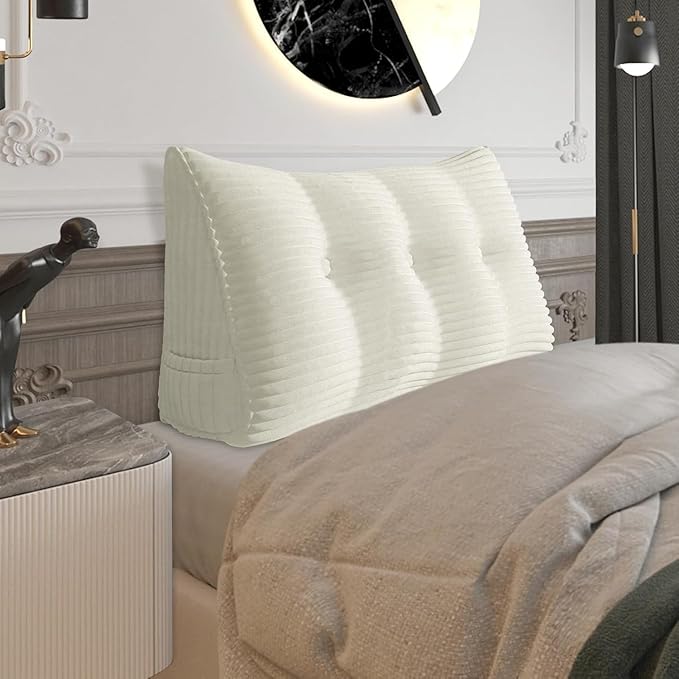 Wedge Headboard Pillow Dorm Room Reading Pillow Back Support for Sitting Up in Bed Bolster Lumbar Cushion Body Positioning Bedrest Corduroy (White, Full (54 * 8 * 20in))