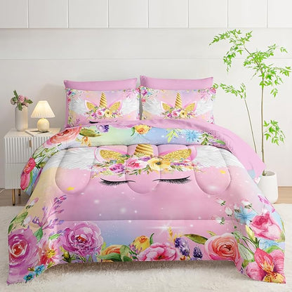 Unicorn Comforter Set Twin - 7 Pcs Floral Girls Bedding, Pink Purple Blue Girls Quilt Set, All Season Microfiber Comforter, Sheets, Pillowcases