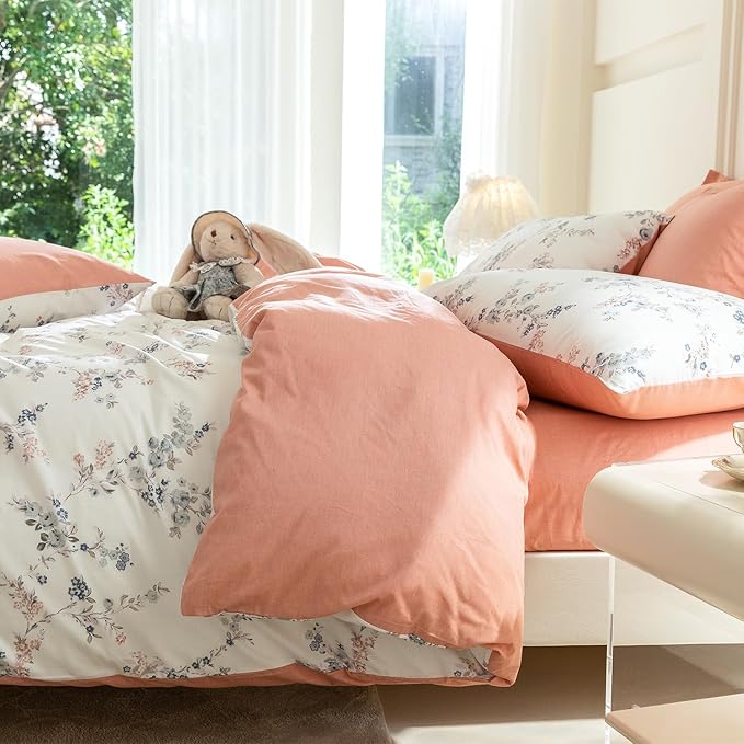 Floral King Duvet Cover, 100% Cotton Bedding Sets King, Reversible Floral Chic Vintage Fresh Style Printed Mini King Duvet Cover with Zipper Closure
