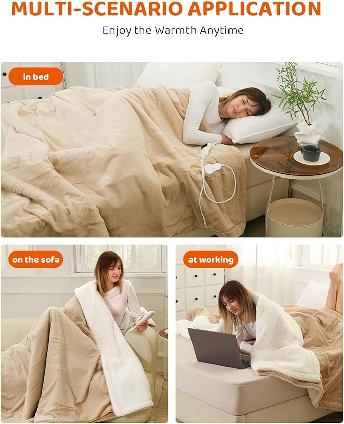 Electric Heated Blanket Full Size, Faux Fur Heat Blanket, Super Soft Cozy Heating Blanket with 9 Heating Levels & 1-9 Hours Auto Off, Fast Heat & Overheat Protection, 72" x 84", Beige