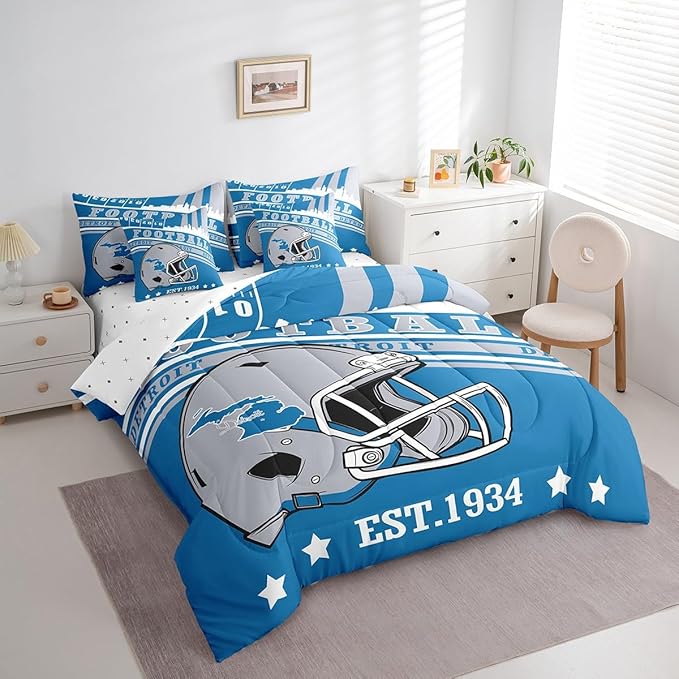 Erosebridal Full Comforter Set Gridiron Theme Bedding 7 Pieces, 3D Sports Helmet Comforter + Flat Sheet + Fitted Sheet + 2 Pillowcases + 2 Throw Pillow Covers