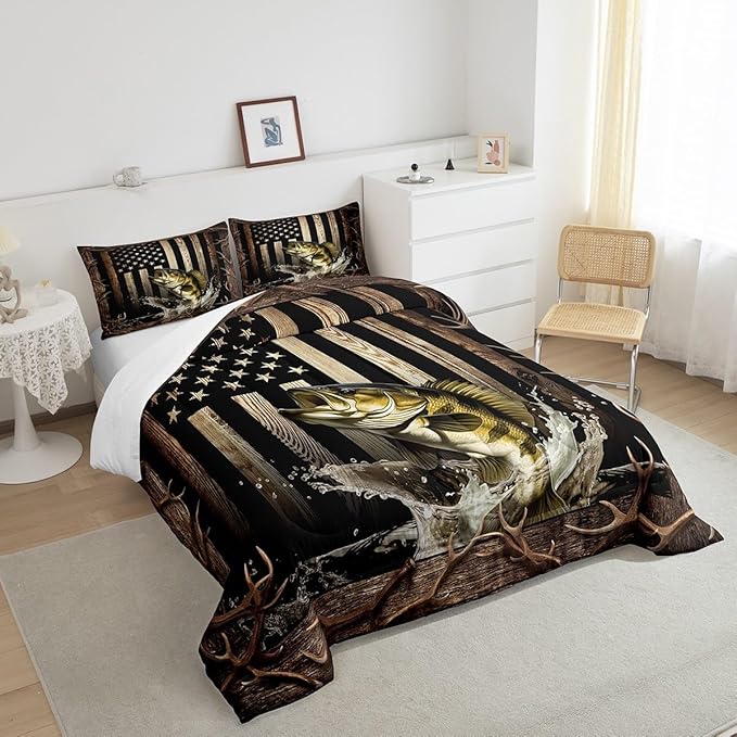 Vintage American Flag Comforter Set Queen Size,Men 3D Bass Fish Bedding Set,Hunting Fishing Quilt Set for Kids Boys Adult Room Decor,Rustic Farmhouse Wooden Striped Duvet Insert,Black Brown