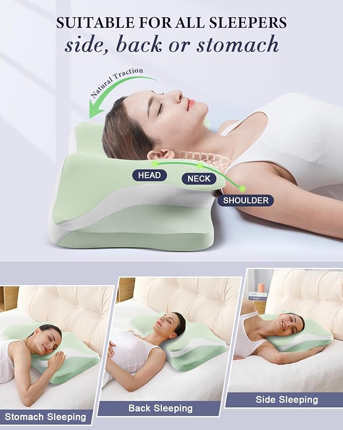 Cervical Neck Pillow, Cooling Ergonomic Memory Foam Pillows for Deep Sleep with Luxury Washable Pillowcase, Contour Orthopedic Neck Support Bed Pillows for Side Back Stomach Sleepers Queen Size-Green