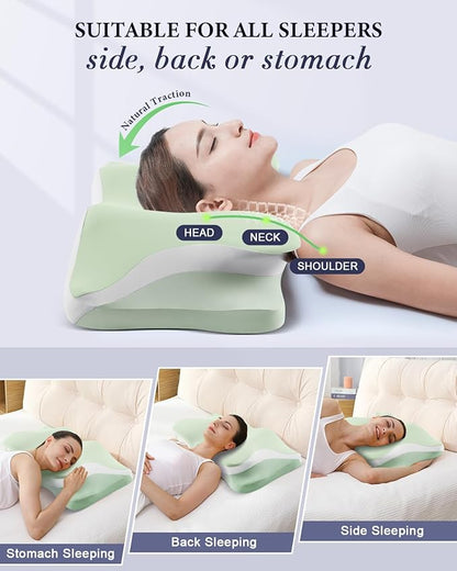 Cervical Neck Pillow, Cooling Ergonomic Memory Foam Pillows for Deep Sleep with Luxury Washable Pillowcase, Contour Orthopedic Neck Support Bed Pillows for Side Back Stomach Sleepers Queen Size-Green