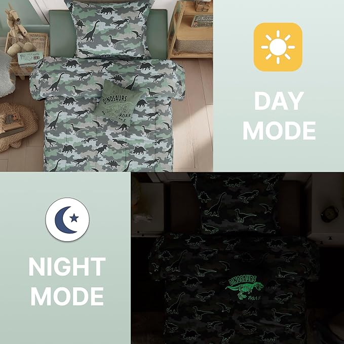 Twin Comforter Set for Boys-3 Pieces Dinosaur Glow in The Dark Twin Bedding Sets for Kids,1 Comforter,1 Sham and 1 Decor Pillow