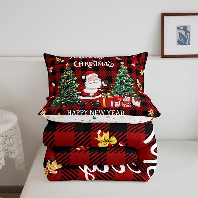 Merry Christmas Comforter Set,Xmas Santa Claus Christmas Tree Bedding Set for Kids Boys Girls,Red Gingerbread Stocking Duvet Insert,Vintage Gird Holiday Down Comforter with 2 Pillowcases,Full