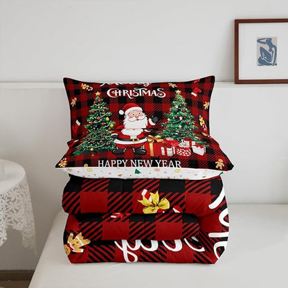 Merry Christmas Comforter Set,Xmas Santa Claus Christmas Tree Bedding Set for Kids Boys Girls,Red Gingerbread Stocking Duvet Insert,Vintage Gird Holiday Down Comforter with 2 Pillowcases,Full