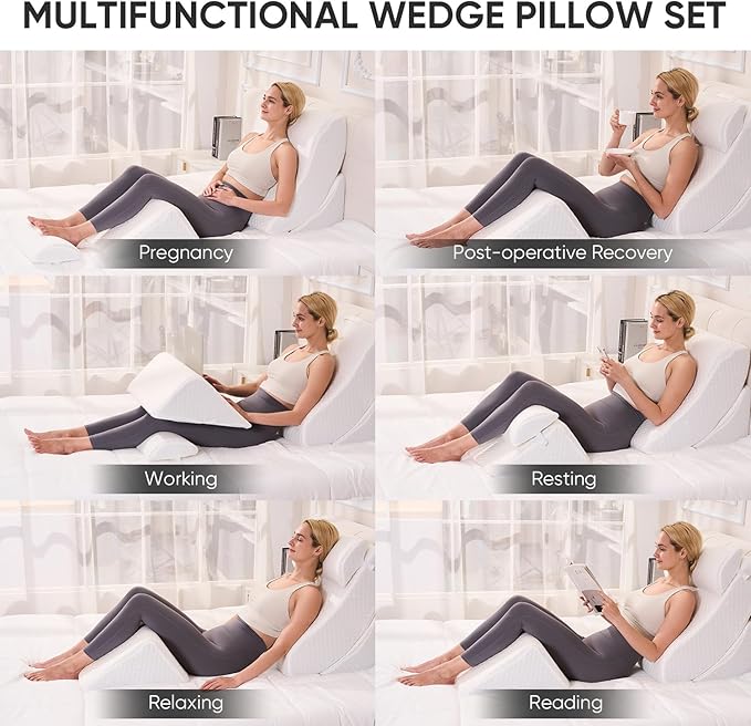 4 PCS Wedge Pillow Set for After Surgery, Memory Foam Orthopedic Bed Wedge Pillow Set, Adjustable Bed for Sleeping, Acid Reflux Relief, Post Surgery Recovery, Back Support, Leg Elevation, White