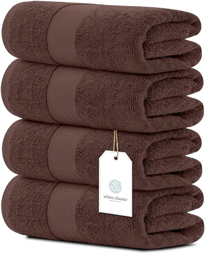 White Classic Luxury Bath Towels Set of 4 Large - 700 GSM Cotton Ultra Soft Bath Towels 27x54 | Highly Absorbent and Quick Dry | Hotel Towels for Bathroom Luxury, Plush Shower Towels, Brown
