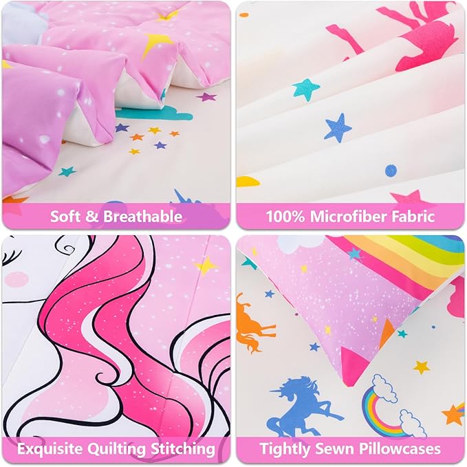 Unicorn Full Bedding Sets for Girls Kids Teens, 8 Piece Bed in a Bag Purple Rainbow Theme Unicorn Comforter Set Bedroom Decor with Printed Sheet Set