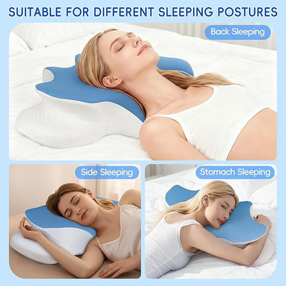Cervical Neck Pillow for Pain Relief, Ergonomic Contour Pillow for Sleeping, 2 Heights Cooling Pillow for Neck and Shoulder Support, Memory Foam Orthopedic Pillow for Side Back Stomach Sleepers Blue