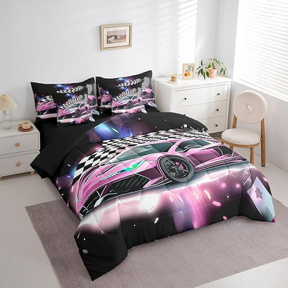 Feelyou Pink Racing Car 7 Piece Bedding Set Twin Size Extreme Sport Comforter Set with Sheets for Kids Boys Girls Teens Toddler Fast and Furious Bed in a Bag Black White Flag Bed Set