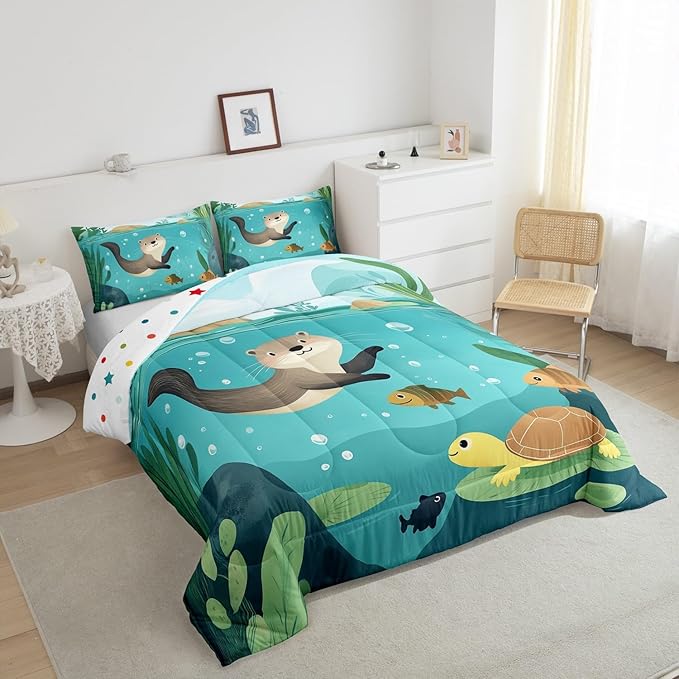 Lovely Otter Kids Bedding Sets Twin Size 2 Pcs Underwater View Cute Turtle Fish Comforter Set for Boys Girls Teens Green Leaves Cartoon Animal Rustic Style Comforter Duvet Set with 1 Pillowcase