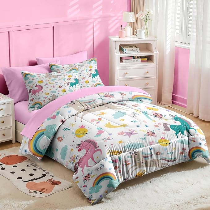 Nesker 7 Pcs Comforter Set Queen Size, Cute Colorful Unicorns Bedding Set for Kids Teen, Cloud Rainbow with Fitted Sheet 2 Pillowcases & 2 Shams for Bedroom Bed Decor