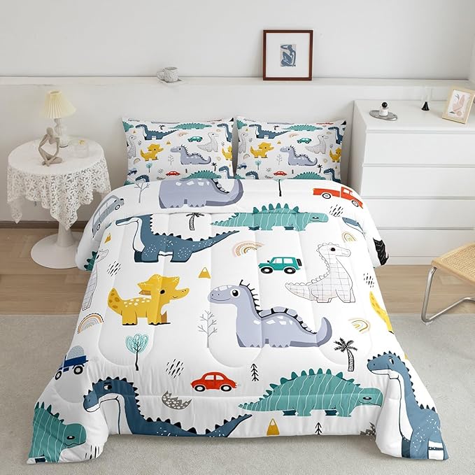 Cartoon Dino Boys Comforter Set King Size,Cute Dinosaur Animal Blue Yellow Sketch Bedding Set All Season Quilt Set,Cars Rainbow Trees Printed Kawaii Microfiber Polyester Down Comforter