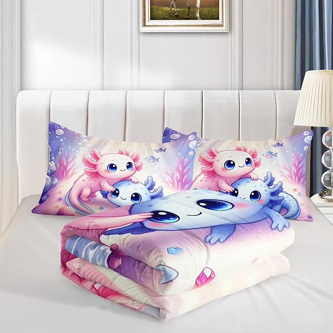 Cute Axolotl Bedding Set King Size,Color Underwater World Pattern Toddler Bed Comforter Set,Kawaii Ocean Life Bedding Sets for Kids Girls Room Decor with 2 Pillowcases.