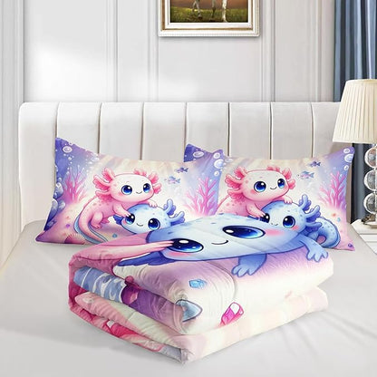 Cute Axolotl Bedding Set Twin Size,Color Underwater World Pattern Toddler Bed Comforter Set,Kawaii Ocean Life Bedding Sets for Kids Girls Room Decor with 2 Pillowcases.