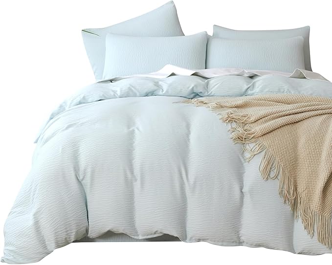 Queen Duvet Cover Light Blue, Luxury Brushed Microfiber Double-Layer Crinkle Gauze Pale Blue Duvet Cover, 3 Pieces Bedding for All-Season, Soft Breathable with Zipper Closure (No Comforter)