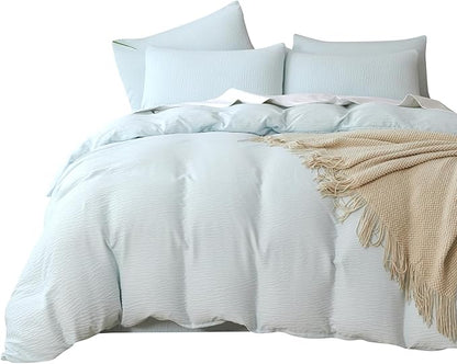 Queen Duvet Cover Light Blue, Luxury Brushed Microfiber Double-Layer Crinkle Gauze Pale Blue Duvet Cover, 3 Pieces Bedding for All-Season, Soft Breathable with Zipper Closure (No Comforter)