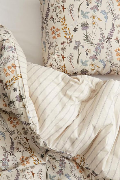 Floral Duvet Cover King 3 Pieces Aesthetic Reversible Striped Bedding Set Farmhouse Botanical Flowers Design Soft Washed Microfibre,1 Beige Duvet Cover with 2 Pillowcases