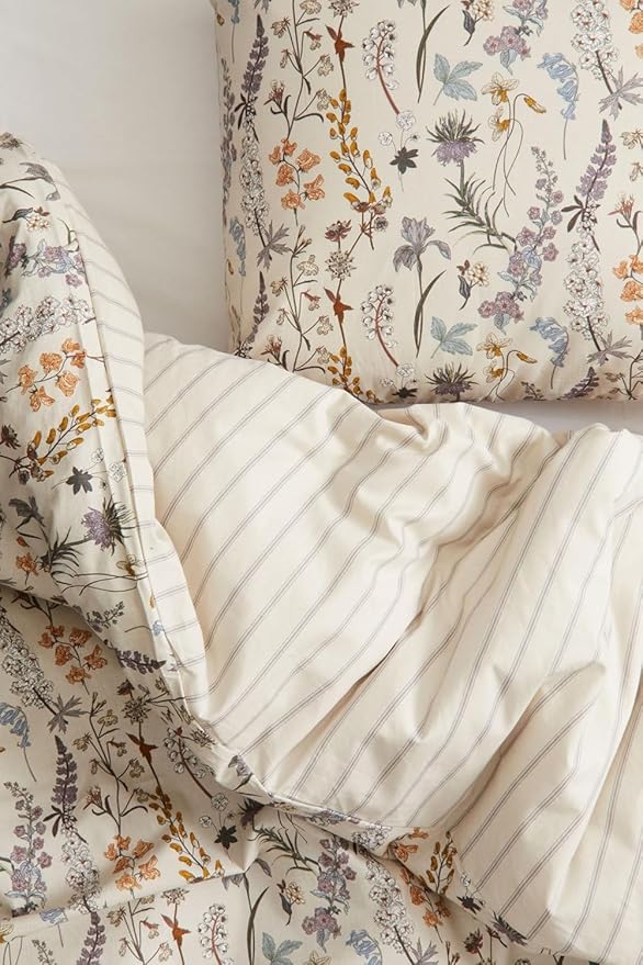 Floral Duvet Cover Twin 2 Pieces Aesthetic Reversible Striped Bedding Set Farmhouse Botanical Flowers Design Soft Washed Microfibre,1 Beige Duvet Cover with 1 Pillowcase