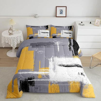 Feelyou Abstract Bedding Set Comforter Set for Kids Boys Children Modern Abstract Art Comforter Ultra Soft Decor Yellow Grey White Duvet Set Full Size