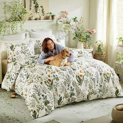 Duvet Cover Queen Size - 100% Cotton Reversible Floral Queen Duvet Cover Set with Zipper Closure, 3 Pieces Soft & Breathable Green Bedding Set for All Seasons