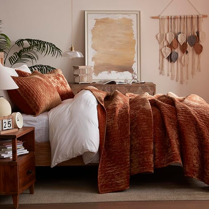 LEAONME Velvet Quilt King Size 98''x106'', Lightweight Burnt Orange Velvet Comforter Set with 2 Matching Shams, Soft Cross Stitch Bedspread Coverlet Bedding Set for All Season