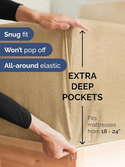 Extra Deep King Sheet Set - 6 Piece Breathable and Cooling Sheets - Hotel Luxury Bed Sheets Set - Easy Fit - Soft, Wrinkle Free and Comfy Sheets Set - Heathered Tan Sheet Set with Extra Deep Pockets