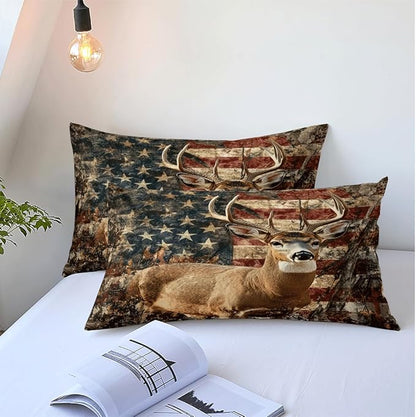 Deer Full Duvet Cover Sets,Deer and American Flag Bedding Sets for Hunter Bedroom Decor, 1 Duvet Cover 2 Pillowcases Comforter Cover for Adult Teen boy,Full