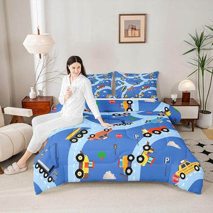 Feelyou Construction Comforter Set Toddler Size Equipment Trucks Bedding Set for Kids Boys Girls Excavator Tractor Duvet Quilt Construction Vehicles Bedroom Decor Yellow Red2 Pcs with 1 Pillow Cases