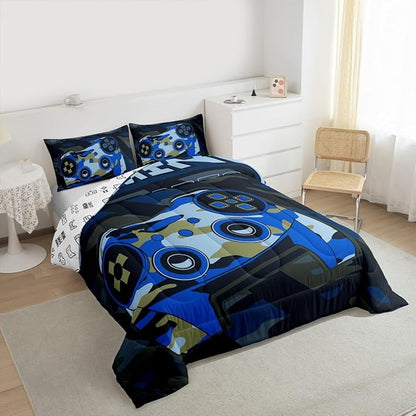 Boys Gaming Comforter Set Twin Size Teens Gamer Bedding Set Retro Blue Camouflage Video Game Controller Comforter For Kids Youth Bedroom Decor Gamer Console Action Buttons Duvet Set Microfiber