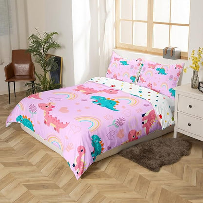 Kawaii Dino Duvet Cover Set Twin Size,Cute Rainbow Floral Love Heart Reversible Comforter Cover (Not Comforter),Pink Blue Dinosaur Lovely Animal Polyester Bedding Set Bedroom Decor, 2 Pcs