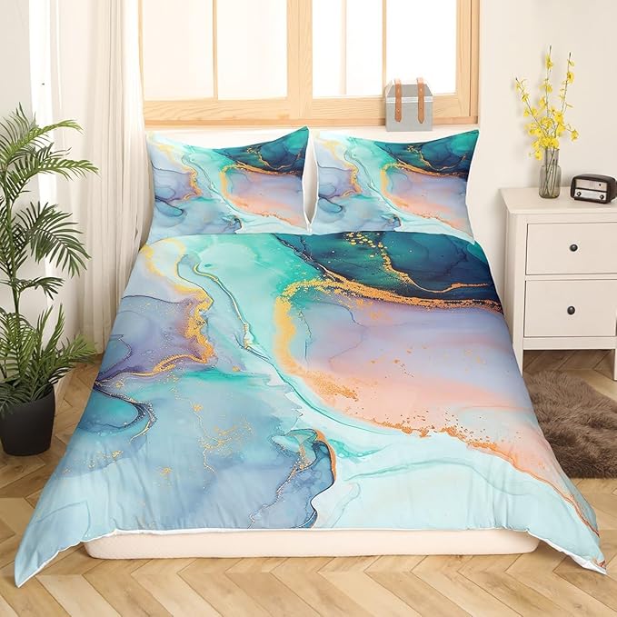 Green Marble Bedding Set Twin Size,Emerald Gem Style Marbling Duvet Cover for Kids Boys Bed Comforter Cover Set,Luxury Golden Ripple Bedding Quilt Cover Set Decorative 2 Pieces