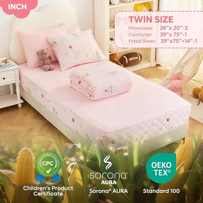Bestier Twin Size 4Pcs Kids Comforter Sets, Zipper Bedding Set for Girls, Kids Bedding Set Cartoon Comforter for Kid, Zipper Bedding Certified - OEKO-TEX100, (Light Pink, Twin, 39"x75")