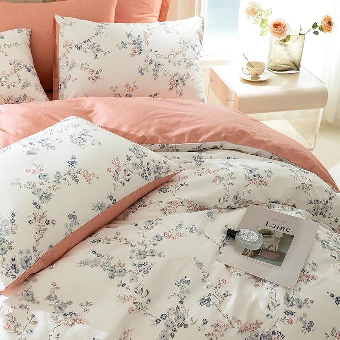 Floral King Duvet Cover, 100% Cotton Bedding Sets King, Reversible Floral Chic Vintage Fresh Style Printed Mini King Duvet Cover with Zipper Closure
