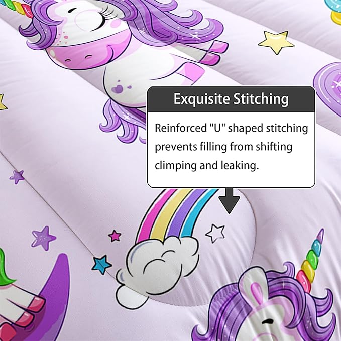 Axolotl Purple Unicorn Comforter Set King Size,Kids Bedding Set for Girls,Cute Unicorn Rainbow Bedding with Stars,3Pcs Cartoon Stars Printed Bed Set 1 Comforter 2 Pillowcases All Seasons