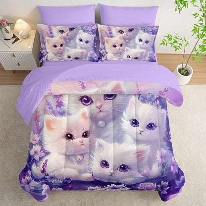 Cat Bedding 7 Piece Comforter Set Full Size,Cute Animal Themed Bed Set for Girls Room Decor,Kids Bedding with 1 Comforter,1 Flat Sheet,1 Fitted Sheet,4 Pillowcases.