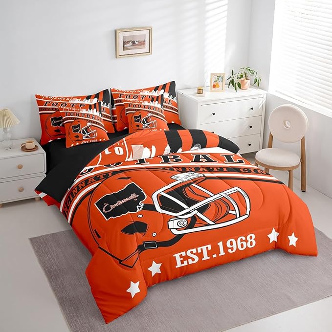Erosebridal King Size Football Kids Comforter Set City Seasonal Color Gridiron Bedding, Rugby Sports Helmets Comforter + Flat Sheet + Fitted Sheet + 2 Pillowcases + 2 Throw Pillow Covers